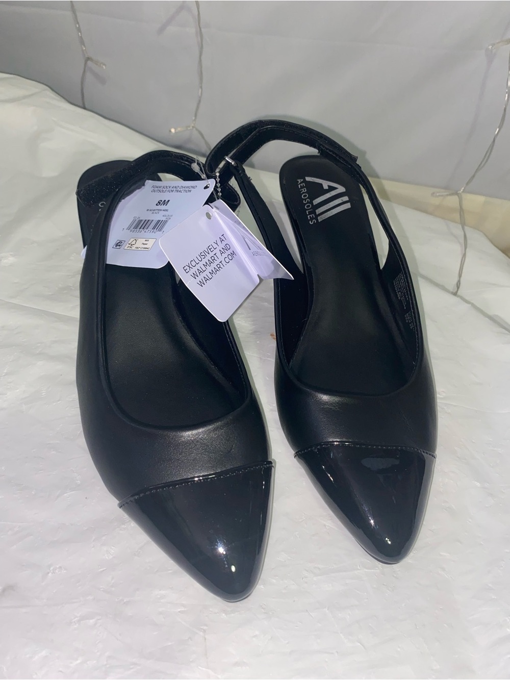 AEROSOLES Black Pointed Patent Toe Slingback Flats